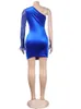 Urban Sexy Jurken Kricesseen Blue One Sleeve Velvet Patchwork Skinny Mini Dres Crystal Mesh Feather Pailletten Bodycon Clubwear 230630