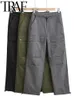 Damenhose s TRAF Casual Y2K Cargo Herbst Frauen Vintage Falten Knie vorne Druckknopftasche Weiblich Chic mit Kordelzug Jogginghose Hose 230630