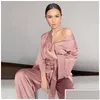 Kvinnors sömnkläder Kvinnor Pyjamas Ice Silk Long Sleeve Cardigan Pijama Trouser Suits Plus Size Lingere Set Woman 2 Pieces Home Suit D DHE5T