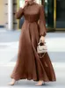 Etniska kläder Kvinnors muslimska parti Solid Satin Maxi Dress 2023 Spring Chic Elegant Puff Sleeve Robe Casual Holiday Swing Kaftan Ol Dubai Abaya 230630
