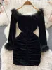 Casual Dresses Fashion Women's Princess Black Mini Fur Patch Work Long Sleeve High Waist Velvet Party Dress Korean Tank Top P230606