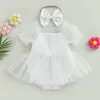 Rompers FOCUSNORM 2pcs Baby Girl Sweet Romper Dress Short Puff Sleeve Lace Mesh Tulle with Bowknot Headband Set 230630