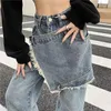 Design SenseofdenimSkirt Women Loose Fake Two Pieces of Wide Leg ConnectedPatchwork raw Edgestraight MopPants New Korean