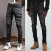 Man Versleten Patch Zwarte Jeans Schade Stretch Slim Fit Denim Broek274K