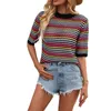 Women's T-Shirt Women Summer Casual Blouse Short Sleeve Hollow Out Stripe Patchwork Loose Tops 230630