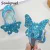 Sneakers New Princess Girl Leather Shoes Kids Diamond Butterfly Glitter High Heel Children Casual Butterfly Knot Shoes Girls Dance ShoeHKD230701