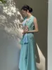 Casual Dresses Blue Green Contrast Sleeveless Dress 2023 Women's Summer French Kikyo Lace Up Waist To Show Thin Style Long