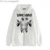 Herrhuvtröjor Ströjor Herrtröja Spot Winged Skull Print Zip Sweater Gothic Fleece Men's and Women's Autumn and Winter Oversize Sports Hoodie 220816 Z230701