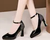 Boots 2021 Autumn New Ladies Dress Shoes High Heels Women's Leather Shoes Thick Heel Pumps Paint Fashion Toe Black Dark Red Wine