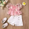 Ensembles de vêtements ma bébé 2 8Y enfant en bas âge enfant bébé fille vêtements dentelle florale manches bouffantes t-shirt bouton shorts enfants tenues d'été d06 230630