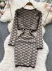 Casual Dresses Women's 2022 Autumn Brand Fashion Geometric Knitted Cardigan+Spaghetti Shoulder Strap Packaging Hip Mini Dress Set P230606