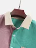Herrpolos charmkpr 2023 män skjorta sommar höst corduroy colorblock lapptäcke casual bröstficka lång ärm tröjor toppar kemiser kamisor 230630