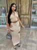 Grundläggande avslappnade klänningar Haoyuan Sexig tvådelar Set ärmlös Zip Crop Top Cut Out Bodycon Long kjolar för kvinnor Summer Outfits Club Matching Dress Set 230630