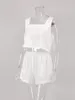 Women's Sleepwear Linad Square Neck Pajama Sets Crop Top Set With Shorts Sleeveless 100 Cotton Homewear White Pijama Female 230630