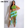 Vestido de duas peças CM YAYA Moda Praia Conjunto Feminino Saia Midi Listrada com Borla e Top Cropped de Um Ombro 2023 Roupa de Festa Sexy 2 Peças 230630