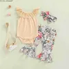 Ensembles de vêtements Ensembles de vêtements FOCUSNORM 3pcs Toddler Baby Girls Cute Clothes 018M Lace Ruffles Off Shoulder Solid RomperFlare Flare Pants Bandeau 230331 Z230701