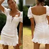 Women Summer Casual Boho Tie Up Solid Dress Bodycon Party Beach Dresses Sundress Ruffles White Cotton Dress Vestidos