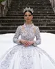 Luxury Ball Gown Wedding Dresses High Neck Long Sleeves Sequins Appliques Beaded Floor Length Ruffles 3D Lace Diamonds Pearls Bridal Gowns Plus Size Vestido de novia