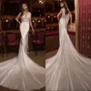 Wspaniałe sukienki ślubne syreny v Szyja Krótkie rękawie Świecenie długi frędzl
