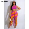 Vestido de duas peças CM YAYA Moda Praia Conjunto Feminino Saia Midi Listrada com Borla e Top Cropped de Um Ombro 2023 Roupa de Festa Sexy 2 Peças 230630