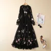 2023 Summer Autumn Black Floral Lace Embroidery Dress Long Sleeve Round Neck Sequins Long Maxi Casual Dresses A3L201537