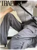 Damenhose s TRAF Casual Y2K Cargo Herbst Frauen Vintage Falten Knie vorne Druckknopftasche Weiblich Chic mit Kordelzug Jogginghose Hose 230630