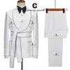 Mäns kostymer Blazers Cenne des Graoom 2023 Bröllop för män White Jacquard Double Breasted Shawl Lapel Tuxedo Jacket 2 Pieces With Belt