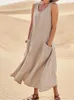 Basic Casual Dresses 2023 Summer Women Sleeveless Sundress Elegant Round Neck Cotton Linen Solid Long Tank Dress Vintage Pockets Beach Vestidos 230701