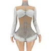 Urban Sexy Dresse Stage Sparkly Long Sleeve Transparent Feather Bodysuit Birthday Party Nightclub Leotard Wear 230630