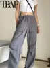 Damenhose s TRAF Casual Y2K Cargo Herbst Frauen Vintage Falten Knie vorne Druckknopftasche Weiblich Chic mit Kordelzug Jogginghose Hose 230630