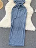 Casual Dresses Chic European Fashion Backless Pants Summer Sleeveless Side Split Blue Dress Women's Vesidos P230606