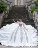 Luxury Ball Gown Wedding Dresses Long Sleeves Bateau Sequins 3D Lace Applique Ruffles Beads Pearls Diamonds Bridal Gowns Plus Size Custom Made Vestido de novia