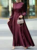 Etniska kläder Kvinnors muslimska parti Solid Satin Maxi Dress 2023 Spring Chic Elegant Puff Sleeve Robe Casual Holiday Swing Kaftan Ol Dubai Abaya 230630