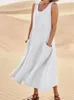 Basic Casual Dresses 2023 Summer Women Sleeveless Sundress Elegant Round Neck Cotton Linen Solid Long Tank Dress Vintage Pockets Beach Vestidos 230701