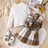 Mädchenkleider PatPat 2-teiliges Kleinkind-Mädchen-Set mit klassischem Stehkragen, strukturiertem T-Shirt und kariertem Reverskragen und Gürtelkleid-Set 230630