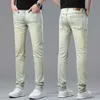 Jeans masculino designer de Hong Kong moderno jeans high-end verão fino cinza branco versátil casual elástico fino ajuste pequeno calças retas 7HCP