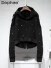 Dames Hoodies Sweatshirts Streetwear Raw Zoom Ripped Hooded Sweatshirt Korte Jas voor Vrouwen Herfst Zwart Two Sides Wear Loose Zip Hoodie Top 230630