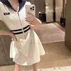 Basic & Casual Dresses Designer 23ss seaside style lapel women's short sleeved dress with zipper waist closure for slimming A-line skirt casual versatility XQL7