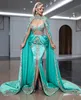 Urban Sexy Dresses Dubai Turquesa Sereia Baile Com Capa See Thru Espartilho Brilhante Cristal 2 Peças Vestido Maxi Dividido na Frente 230630