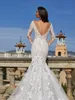 Luxury Lace Mermaid Wedding Dresses Cathedral Train 2023 Boho Sexig V-ringning Backless Brudklänning Långärmar Brudklänningsapplikationer Vestidos de Noiva