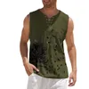 Men's Tank Tops Men Cotton Linen Vest Summer Man Retro Artistic Printing Fashion Sleeveless Tshirt Lace Up Vneck Blouse Casual Shirt 230630