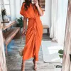 Urban Sexy Dresses Elegant Women 2023 Summer Fashion Printed Short Sleeve Shirt Vintage Waist Up Button Bandage Long Robe 230630