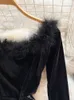 Casual Dresses Fashion Women's Princess Black Mini Fur Patch Work Long Sleeve High Waist Velvet Party Dress Korean Tank Top P230606