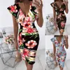 Etniska kläder sexiga kvinnor ärmlösa v-ringningsblommor trycker midi prom klänningar ruffle hem ruched bodycon klänning vestidos de noche 252i