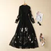 2023 Summer Autumn Black Floral Lace Embroidery Dress Long Sleeve Round Neck Sequins Long Maxi Casual Dresses A3L201537