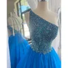 Elegant blå prom klänning pärlor paljett en axel sommarklänning chic smala klänningar formella fest aftonklänningar mantel de bal