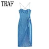 Городские сексуальные платья TRAF синее корсетное платье с принтом, женское платье с узлом и открытой спиной, миди-комбинация, женское летнее длинное вечернее платье 230630