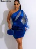 Robes Sexy Urbaines Kricesseen Bleu Une Manches Velours Patchwork Maigre Mini Dres Cristal Maille Plume Paillettes Moulante Clubwear 230630