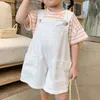 Rompers Summer Fashion Children Denim Overalls Korean Solid Color Big Pockets Girls Shorts Casual Loose All Matched Kids Jumpsuit 230630