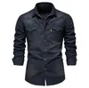 Camisas casuais masculinas Camisa jeans com seio único Moda empresarial Cor sólida masculina Outono Camisas justas